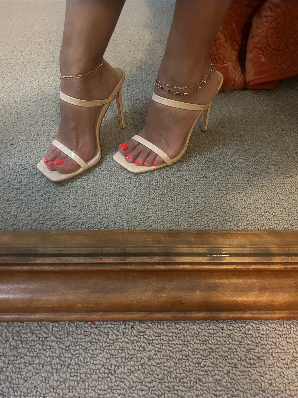 Nude Double-Strap Square Toe Stiletto Heels